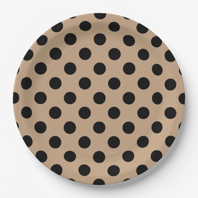 Plato De Papel Pos de polka negro en beige (Anverso)
