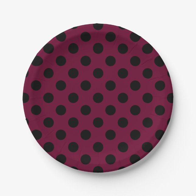 Plato De Papel Pos de polka negro en burdeos (Anverso)