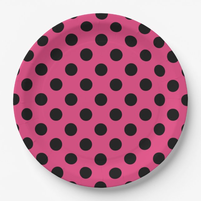 Plato De Papel Pos de polka negro en fucsia (Anverso)