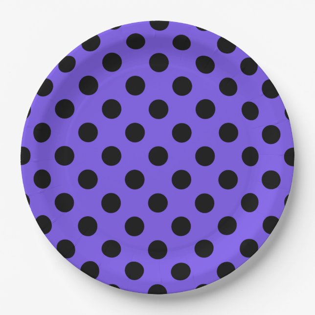 Plato De Papel Pos de polka negro en periwinkle (Anverso)