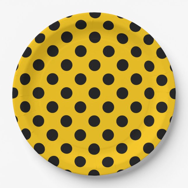 Plato De Papel Pos de polka negro sobre amarillo (Anverso)