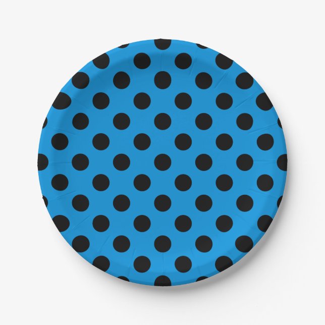 Plato De Papel Pos de polka negro sobre azul cielo (Anverso)