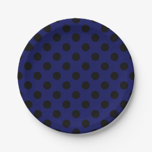 Plato De Papel Pos de polka negro sobre azul marino