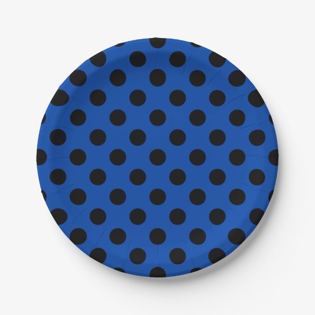 Plato De Papel Pos de polka negro sobre azul real (Anverso)