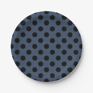 Plato De Papel Pos de polka negro sobre gris-azul