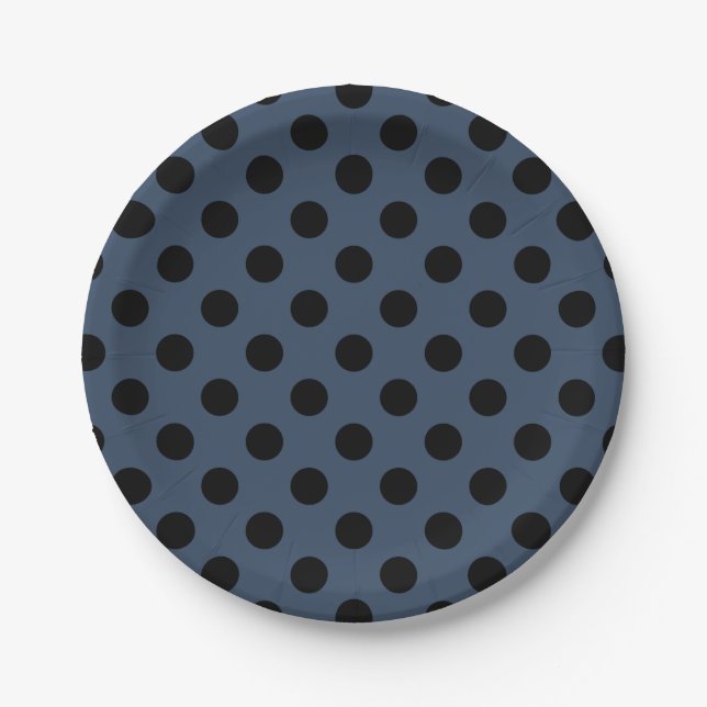 Plato De Papel Pos de polka negro sobre gris-azul (Anverso)