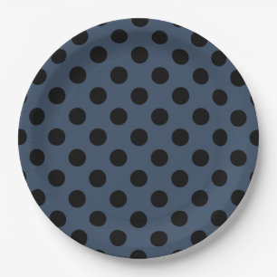 Plato De Papel Pos de polka negro sobre gris-azul