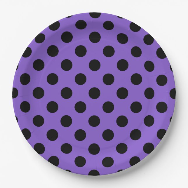 Plato De Papel Pos de polka negro sobre lavanda (Anverso)