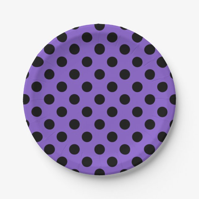 Plato De Papel Pos de polka negro sobre lavanda (Anverso)