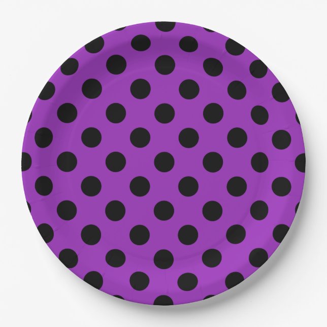 Plato De Papel Pos de polka negro sobre morado (Anverso)