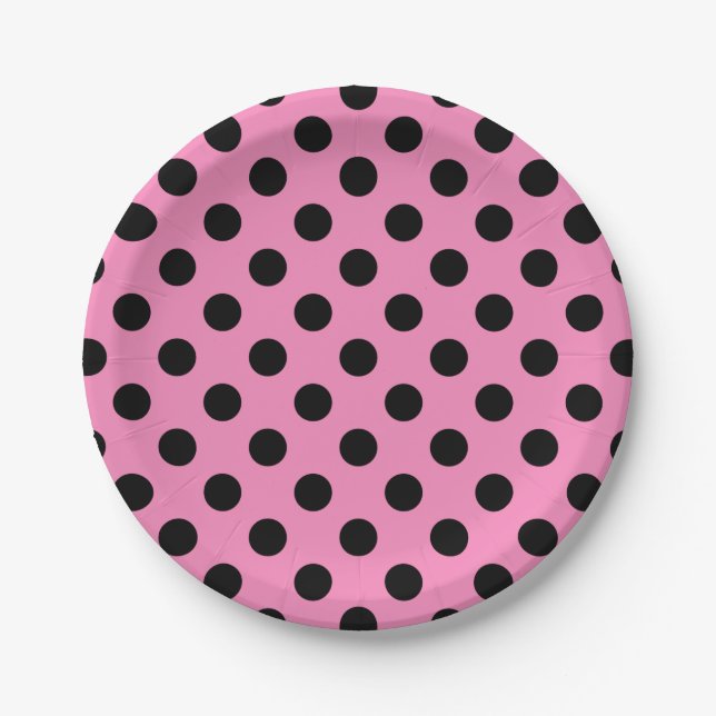 Plato De Papel Pos de polka negro sobre rosa (Anverso)