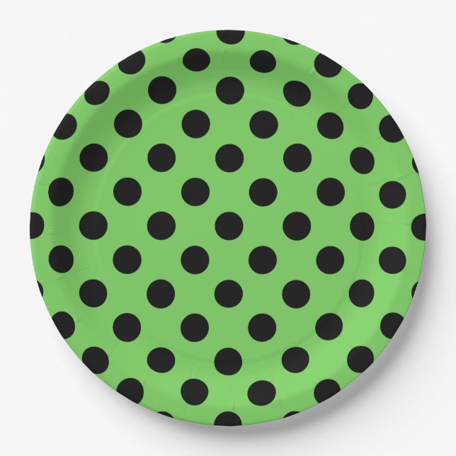 Plato De Papel Pos de polka negro sobre verde lima (Anverso)