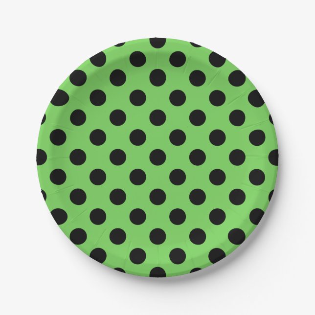 Plato De Papel Pos de polka negro sobre verde lima (Anverso)