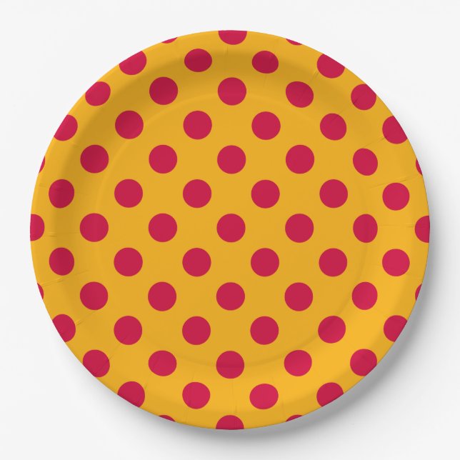Plato De Papel Pos rojos de polka sobre amarillo (Anverso)