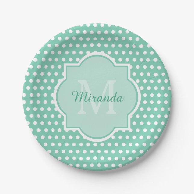 Plato De Papel Posh Polka Dots Mint Green Monograma y nombre (Anverso)