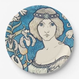 Plato De Papel Póster vintage de mujer Art Nouveau con flores azu