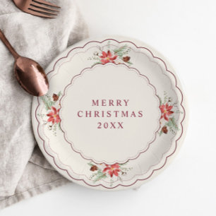 Plato De Papel Postre Botánico de Navidad Vintage Poinsettia