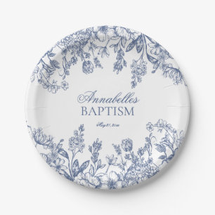 Plato De Papel Postre de Bautismo Floral Vintage Chinoiserie Azul