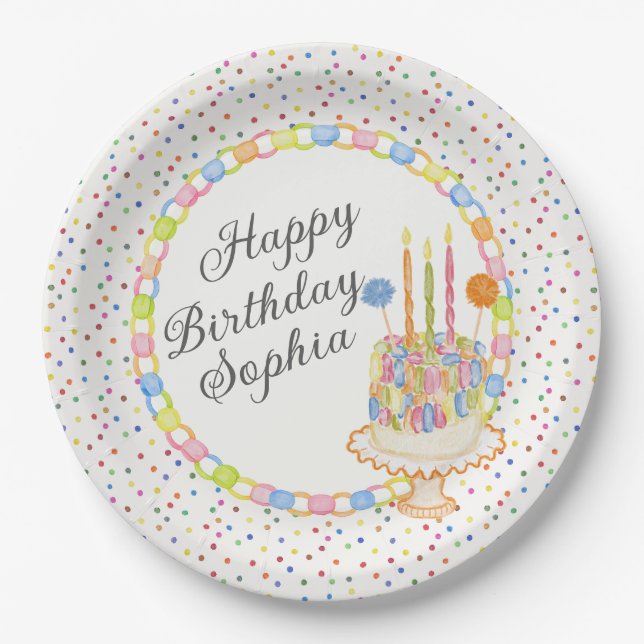 Plato De Papel Postre de Cumpleaños con Confeti (Anverso)