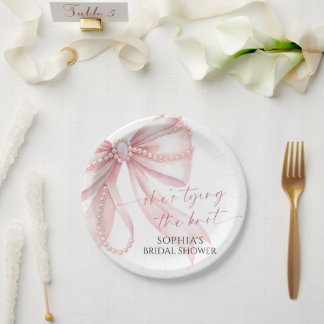 Plato De Papel Postre de la ducha de boda de lazo perla rubor