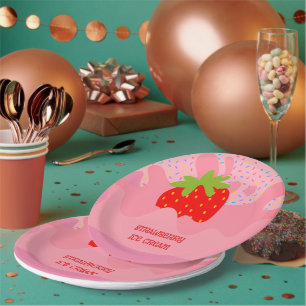 Plato De Papel Postre, Helado de Fresa, Purpurina de Arcoíris