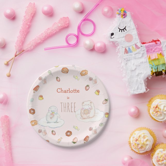 Plato De Papel Postres de ovejas rosadas y dulces acuarela niños  (Fiesta)