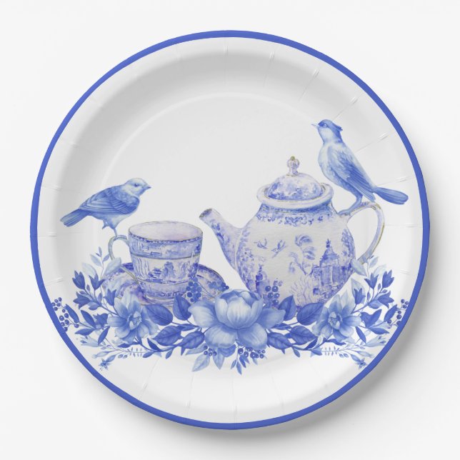 Plato De Papel Pota de té floral azul y blanco con pájaros (Anverso)