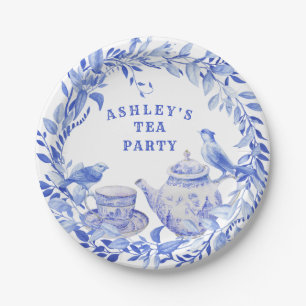 Plato De Papel Pota de té floral azul y blanco con pájaros