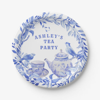 Plato De Papel Pota de té floral azul y blanco con pájaros