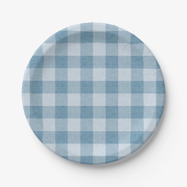 Plato De Papel Powder Blue Gingham Buffalo Check Linen Texture (Anverso)