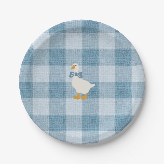 Plato De Papel Powder Blue Gingham Goose Baby Shower Check (Anverso)