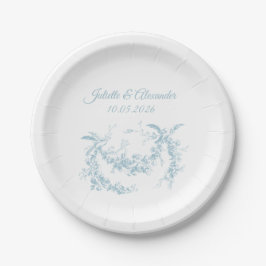 Plato De Papel Powder Blue Toile de Jouy Wedding Paper Plates