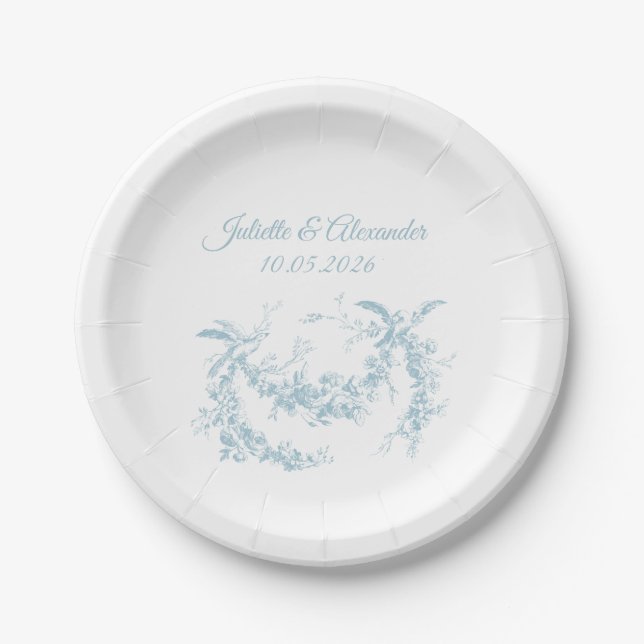 Plato De Papel Powder Blue Toile de Jouy Wedding Paper Plates (Anverso)