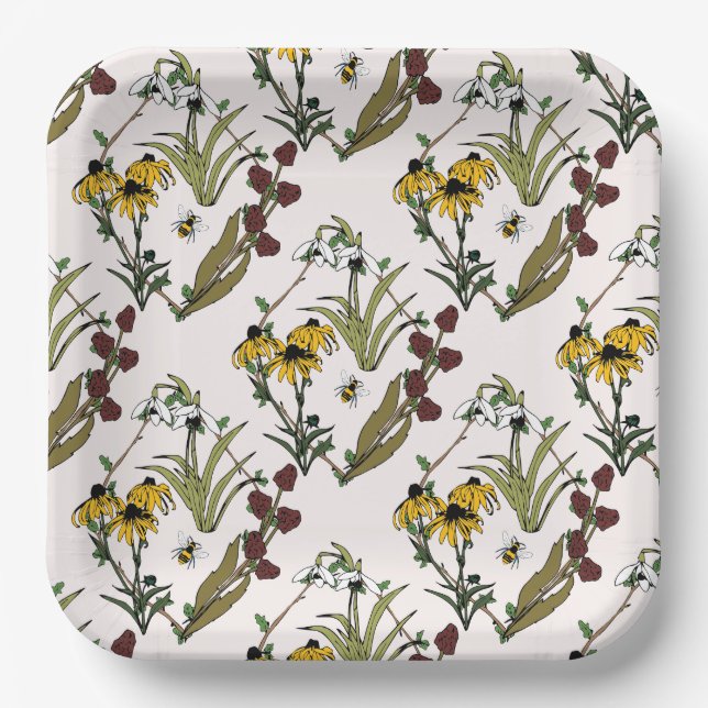Plato De Papel Prado de flores silvestres en rosa claro (Anverso)