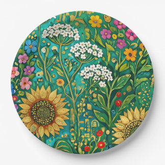 Plato De Papel Prado de girasoles de Klimt