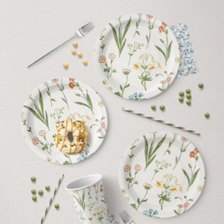 Plato De Papel Prado Rústico de Flores Silvestres Dibujado a Mano