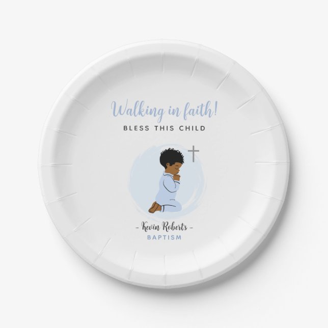 Plato De Papel Praying Baby Boy Blue Baptism Party Paper Plates (Anverso)