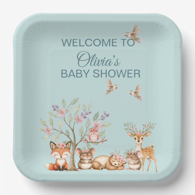 Plato De Papel Precious Woodland Animals - Welcome to Baby Shower (Anverso)
