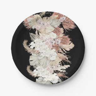 Plato De Papel Premium Negro Elegante Pampas Grass Jungla Tropica