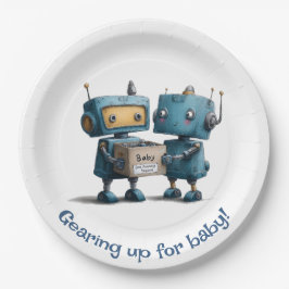 Plato De Papel Prepararse para el bebé - Robot Baby Shower