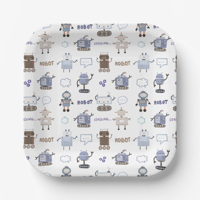 Plato De Papel Prepárate para la Diversión Robot Feliz Cumpleaños (Anverso)