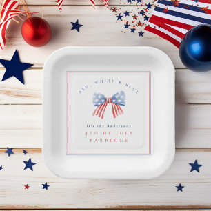 Plato De Papel Preppy American Watercolor Bow Julio 4 BBQ
