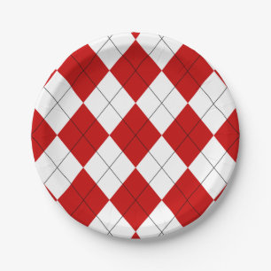 Plato De Papel Preppy Argyle Tartán Diamond Plage rojo blanco