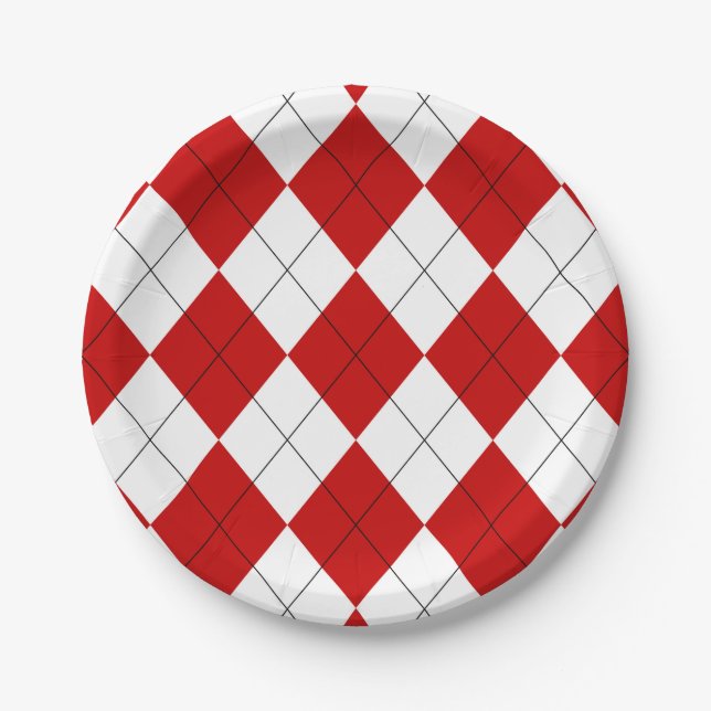 Plato De Papel Preppy Argyle Tartán Diamond Plage rojo blanco (Anverso)