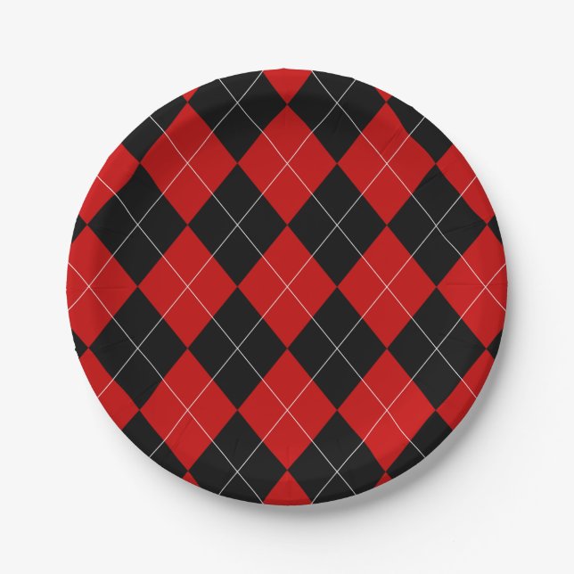 Plato De Papel Preppy Argyle Tartán Diamond Plantado Rojo Negro (Anverso)