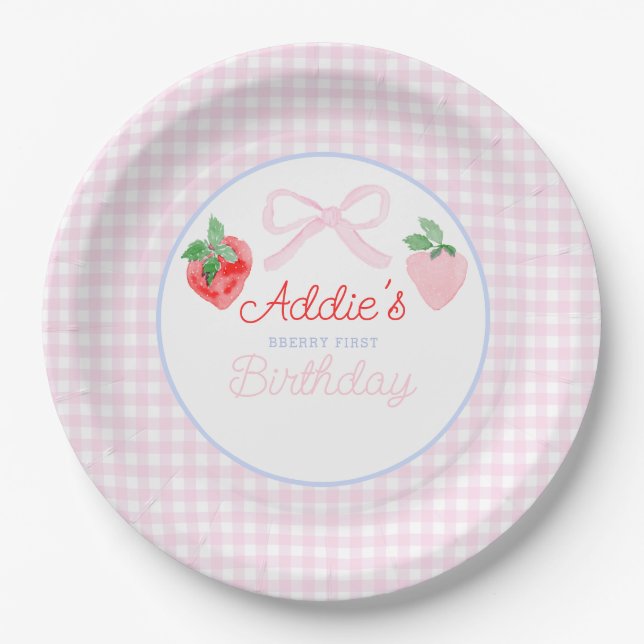 Plato De Papel Preppy Berry First Birthday Watercolor Strawberrie (Anverso)