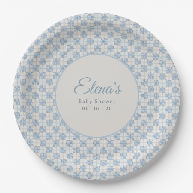 Plato De Papel Preppy Blue Plaid Baby Shower  (Anverso)