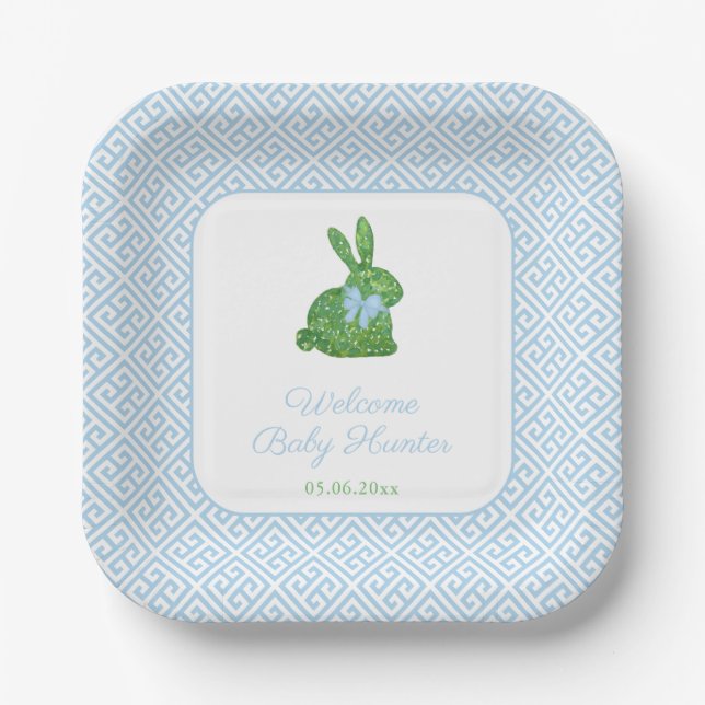 Plato De Papel Preppy Boxwood Bunny Baby Shower (Anverso)