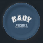 Plato De Papel Preppy Collegiate Varsity Navy Baby Shower<br><div class="desc">Add the perfect finishing touch to your celebration with these Preppy Varsity Collegiate Navy Baby Shower Paper Plates, designed to bring classic charm and stylish detail to your baby shower décor. Featuring bold varsity-style lettering, these plates capture the timeless look of preppy collegiate design while celebrating the sweetest reason to...</div>