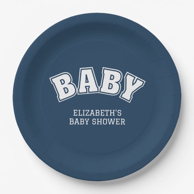 Plato De Papel Preppy Collegiate Varsity Navy Baby Shower (Anverso)